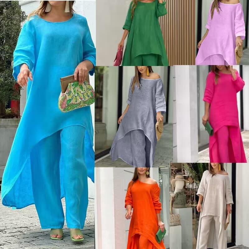 Women's Clothing Cotton And Linen Fashion Casual Large Size Irregular Long-sleeved Suit Wide-leg Pants Two-piece Set