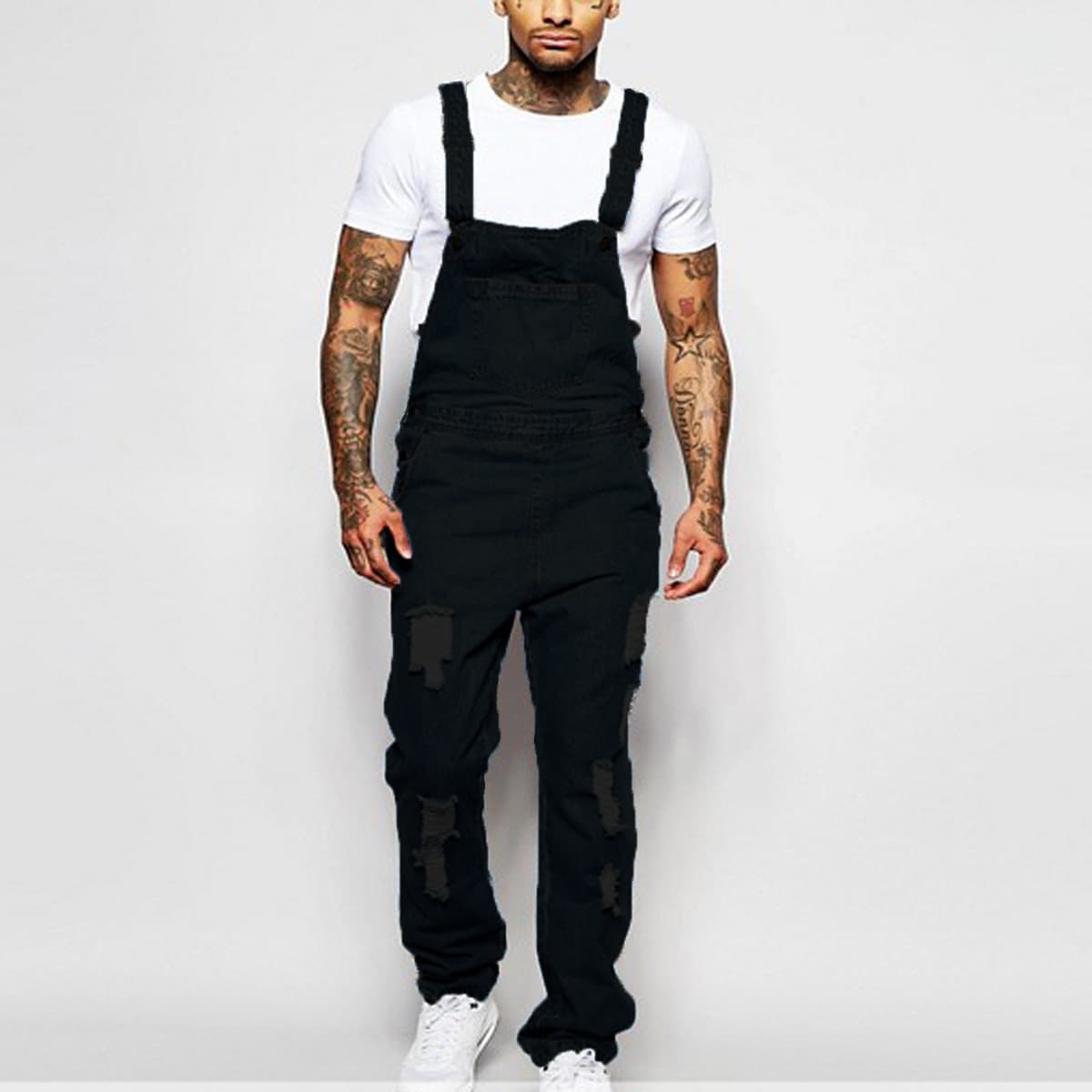 Men's Distressed Denim Romper - Edgy One-Piece Jumpsuit | Streetwear Fashion