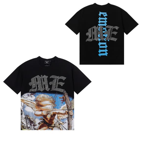 T-shirt unisexe à manches courtes, coupe ample, imprimé extraterrestre tendance style américain, orné de strass, idéal pour la rue.