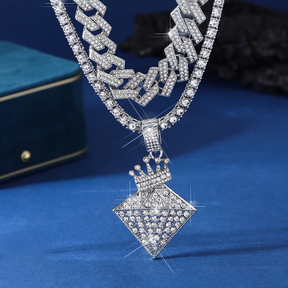 Hip hop alloy full diamond crown diamond high quality fashion necklace set Cuban chain tennis