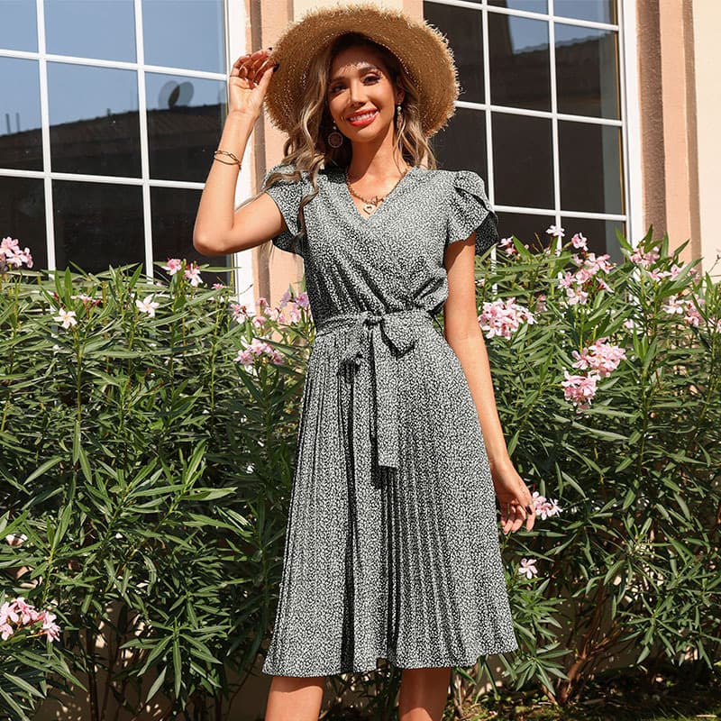 Summer Printed Green V-Neck Pleated Dress Women's Casual Midi Skirt Garment