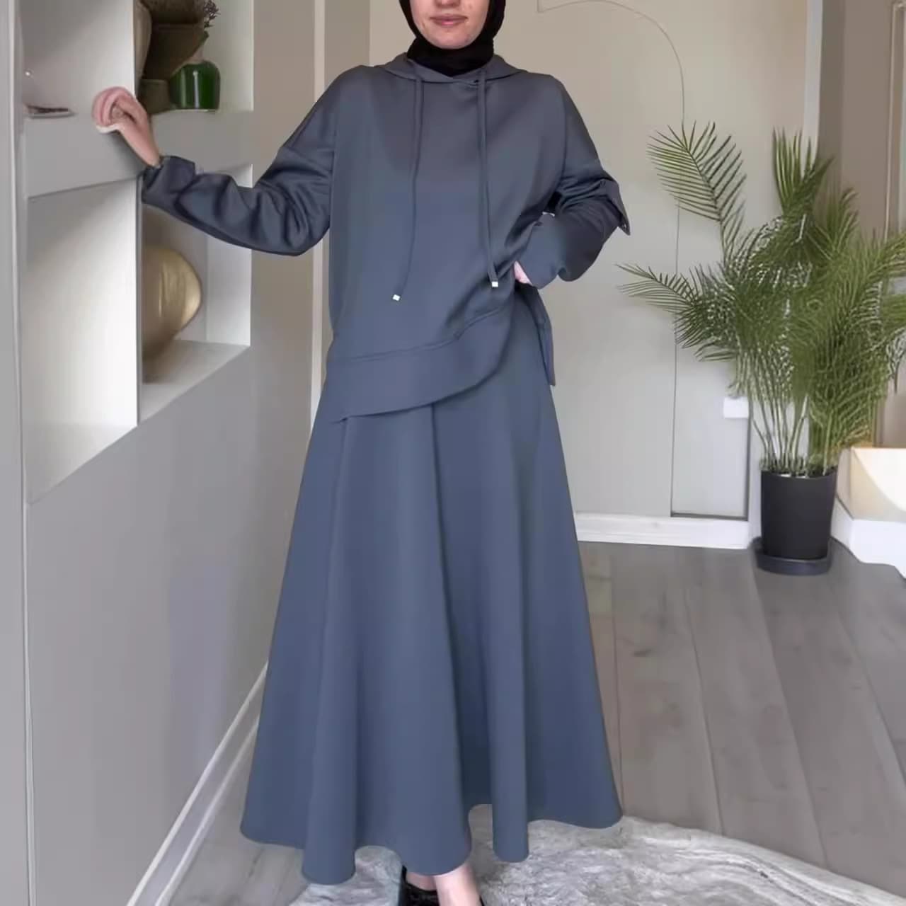 Women's Clothing Middle East Fashion Sweater Skirt Suit Solid Color Hooded Pullover Top A Line Skirt Casual Suit For Women