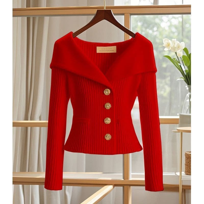 Women's Clothing Design Niche Elegant Knit Cardigan With Button Closure, Navy Collar & Waist-Defining Fit – Versatile For Work & Casual Wear