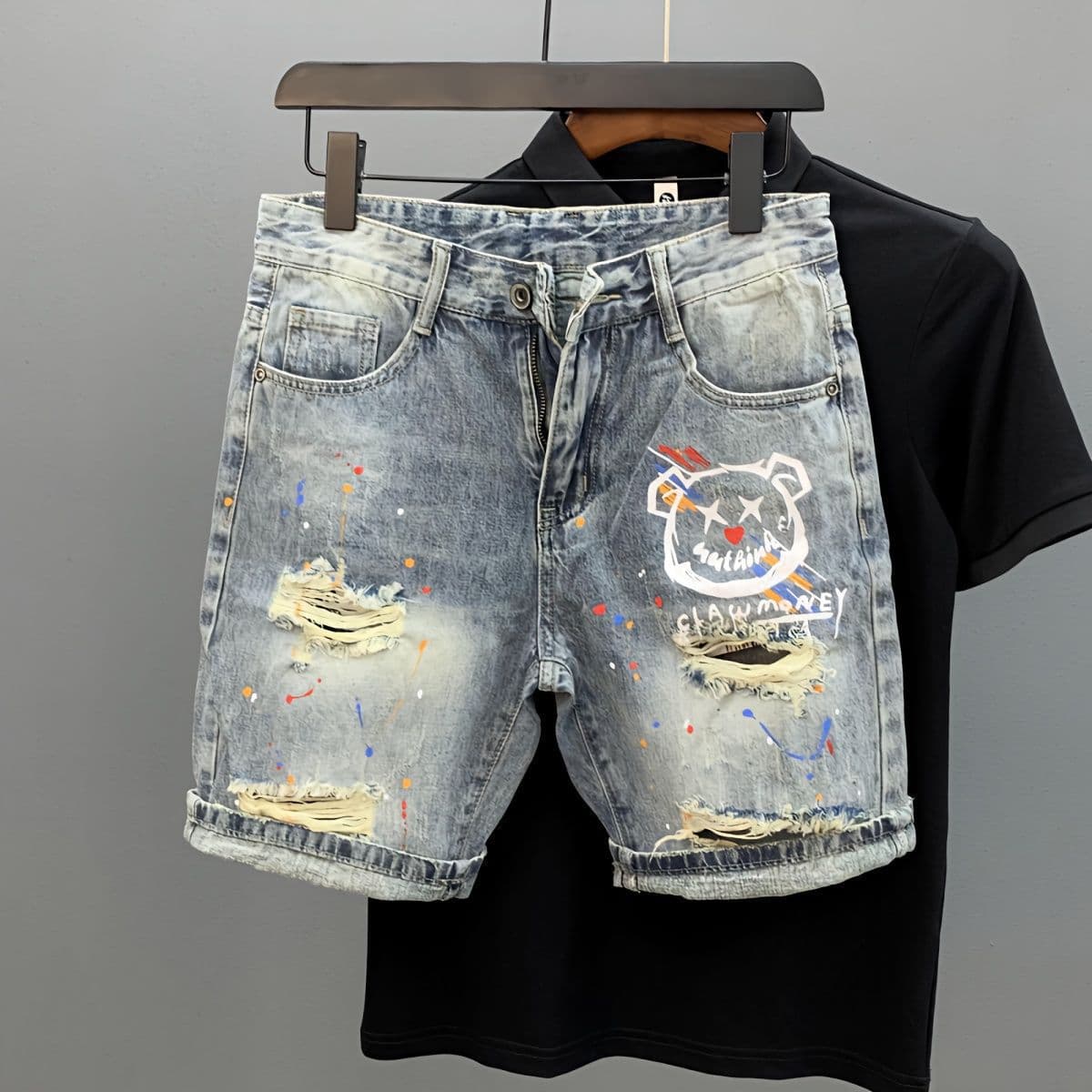 Denim Shorts Men's Personalized Printing Ink Splash Summer Pants