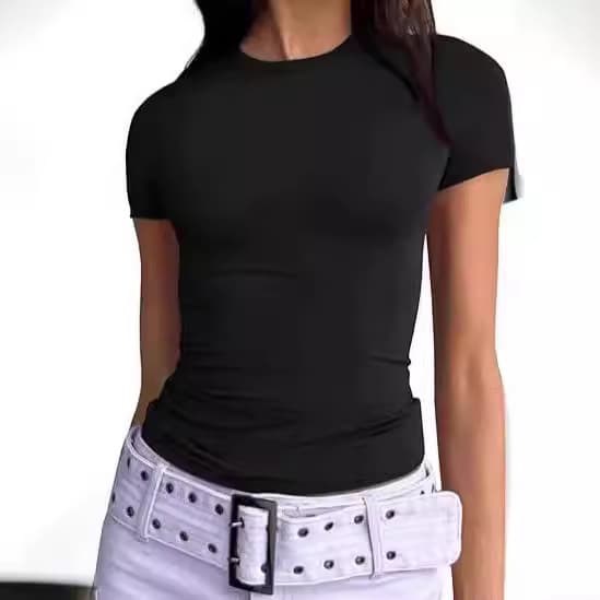 Summer Slim Fit Women's T-Shirt European American Style Pullover High Grade Milk Silk round Neck Hot Girl Outer Wear Fashion Top
