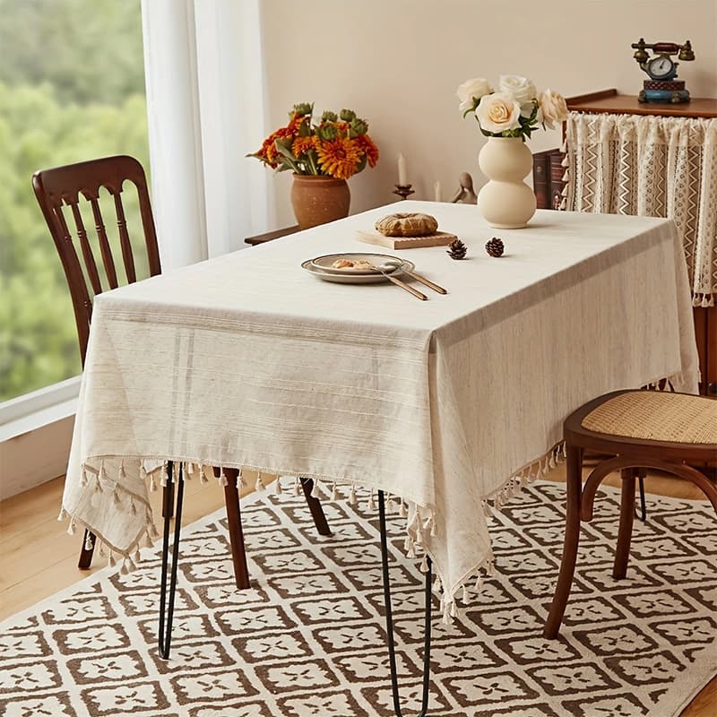 100% Linen Tablecloth – Extra Wide 140cm Rectangle Stripe Table Cover For Dining Room, Washable Natural Fabric Home Decor