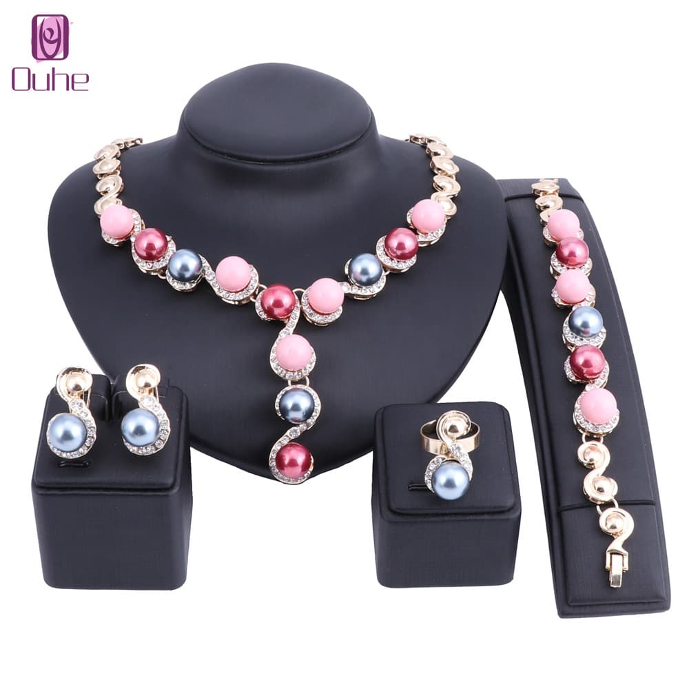 Vintage Women Girls Choker Chunky Simulated Pearl Crystal Statement Necklace Earring Bridal Jewelry Set