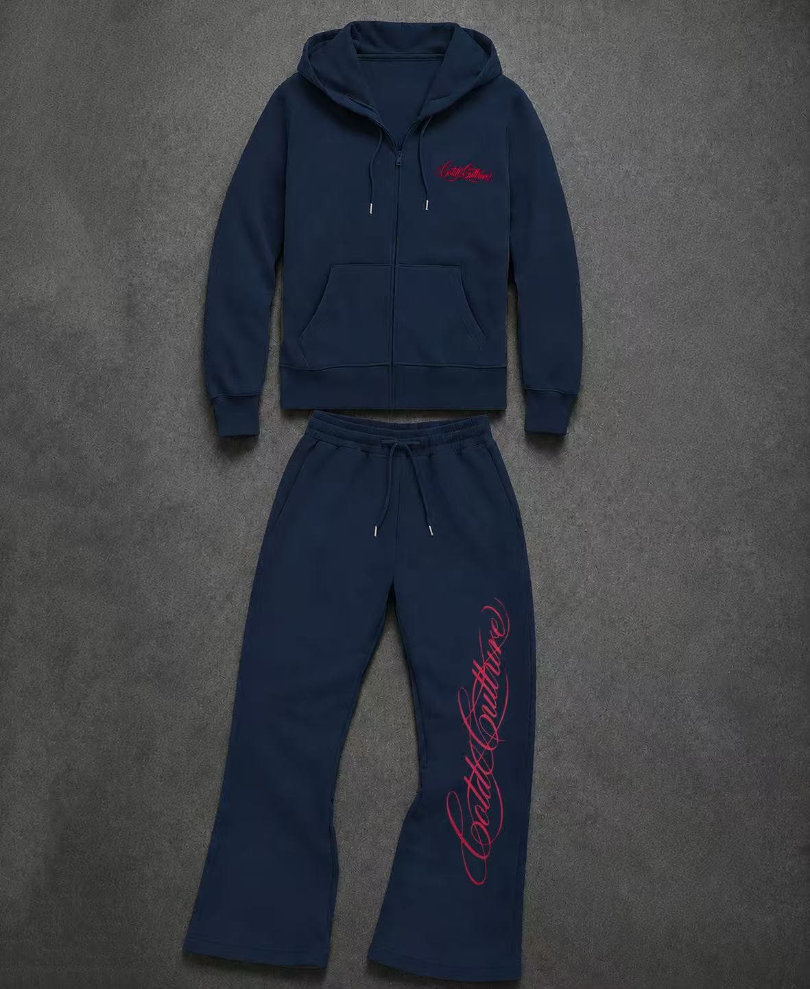 Ensemble deux pièces pour homme : sweat-shirt à capuche zippé imprimé tendance et pantalon large décontracté.