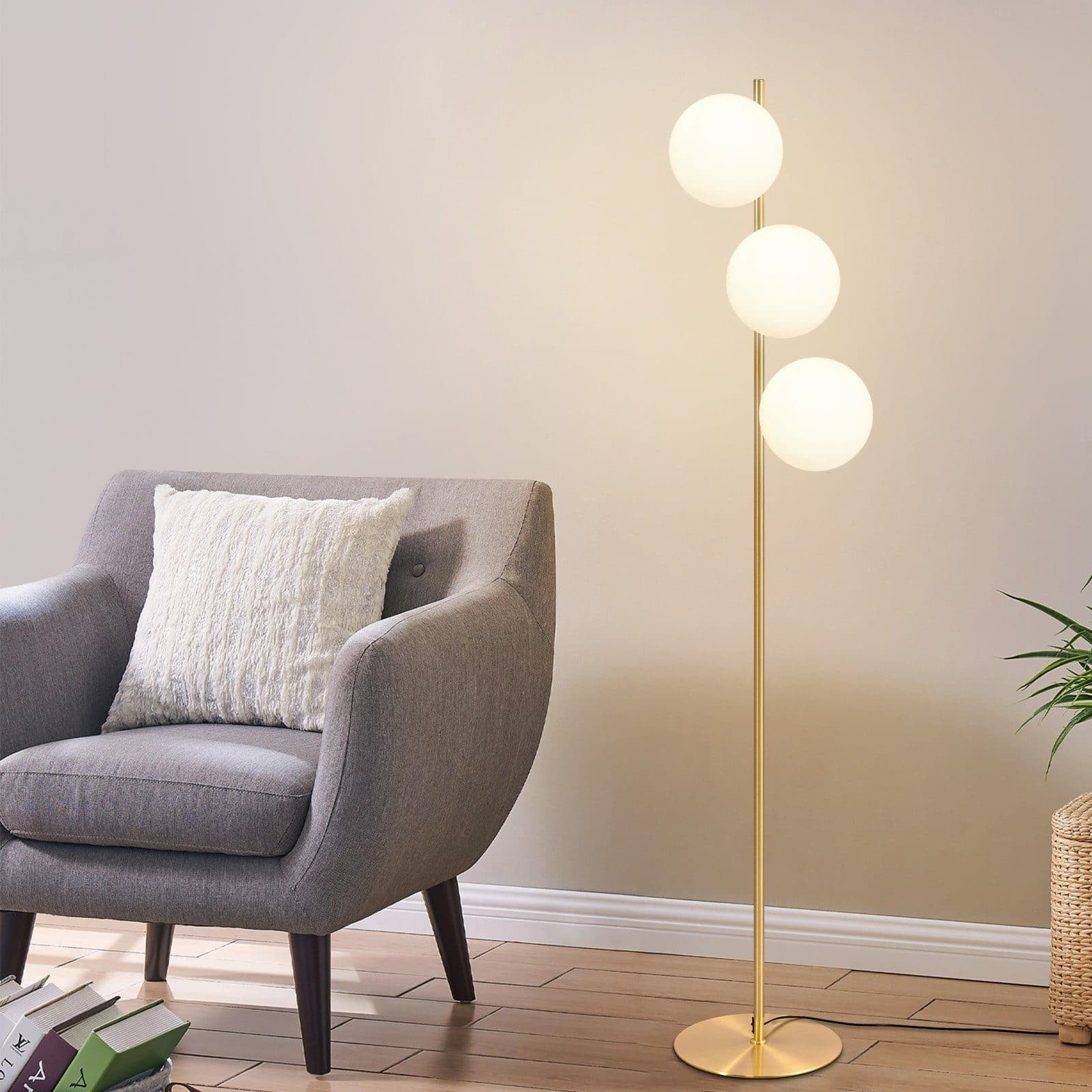 Glitzerlife Stehlampe Gold Modern Stehleuchte - 3 Flammige E27 Design Standleuchte Mit Fußschalter Metall Aus Glaskugel Bodenlampe For Schlafzimmer Büro Hotel