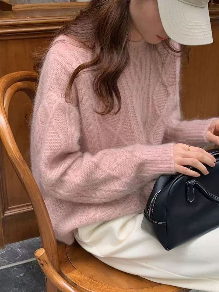 100% Wool Women, Autumn And Winter Knit For Petite Figures, Lazy Style Thickened Cashmere Sweater