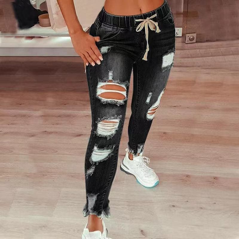High-waist ripped elastic waist drawstring jeans for women 802