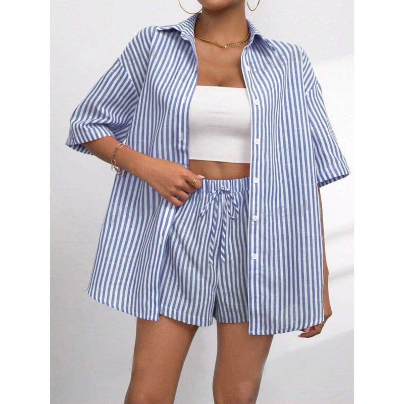 Women's Clothing Elegant Women's Two Piece Casual Striped Shirt Spring/Summer Short Sleeved Purple And Pink Style
