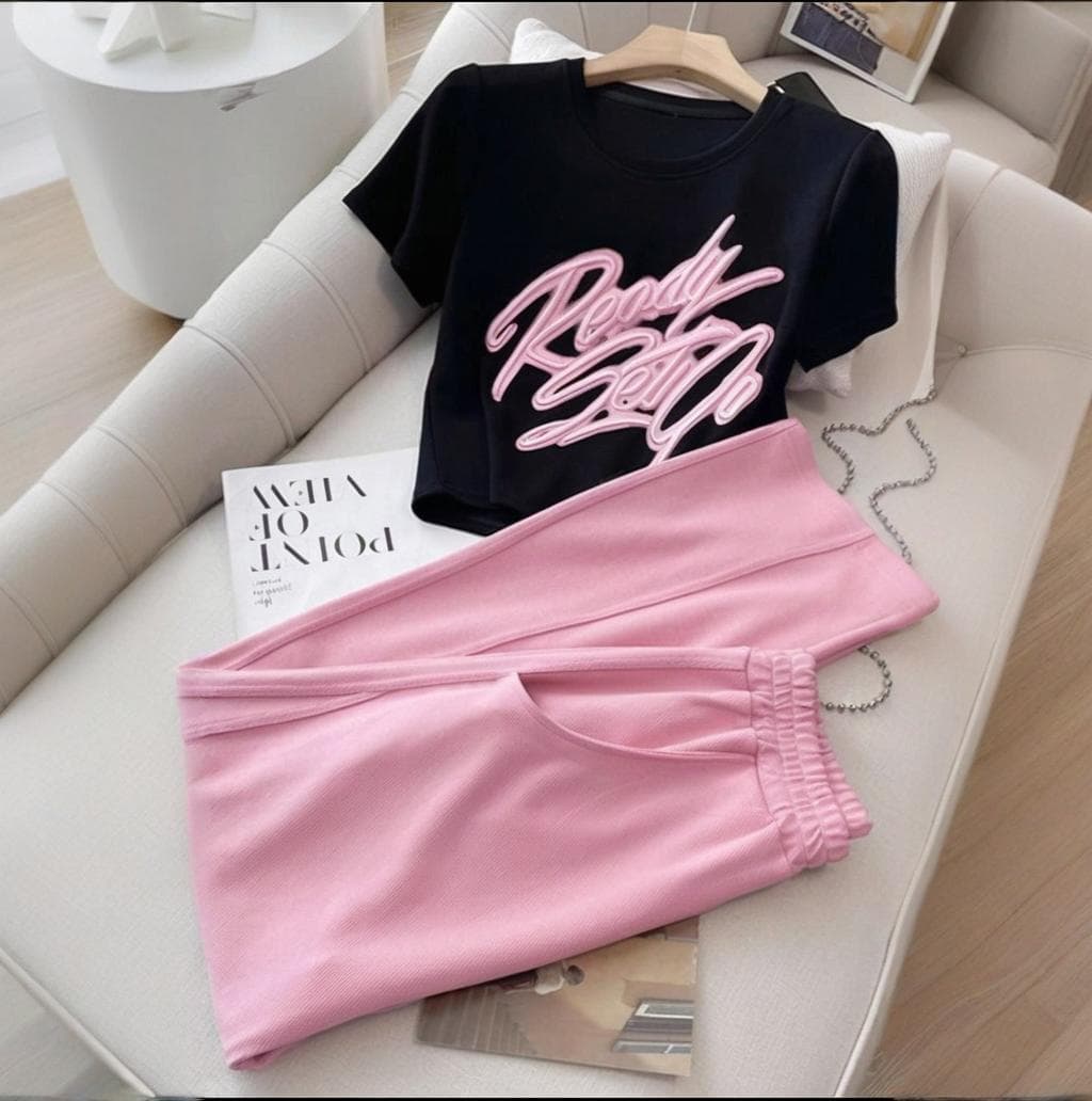 Women's Clothing Stylish Slim Top Pink Wide-leg Pants Two-piece Preppy Look