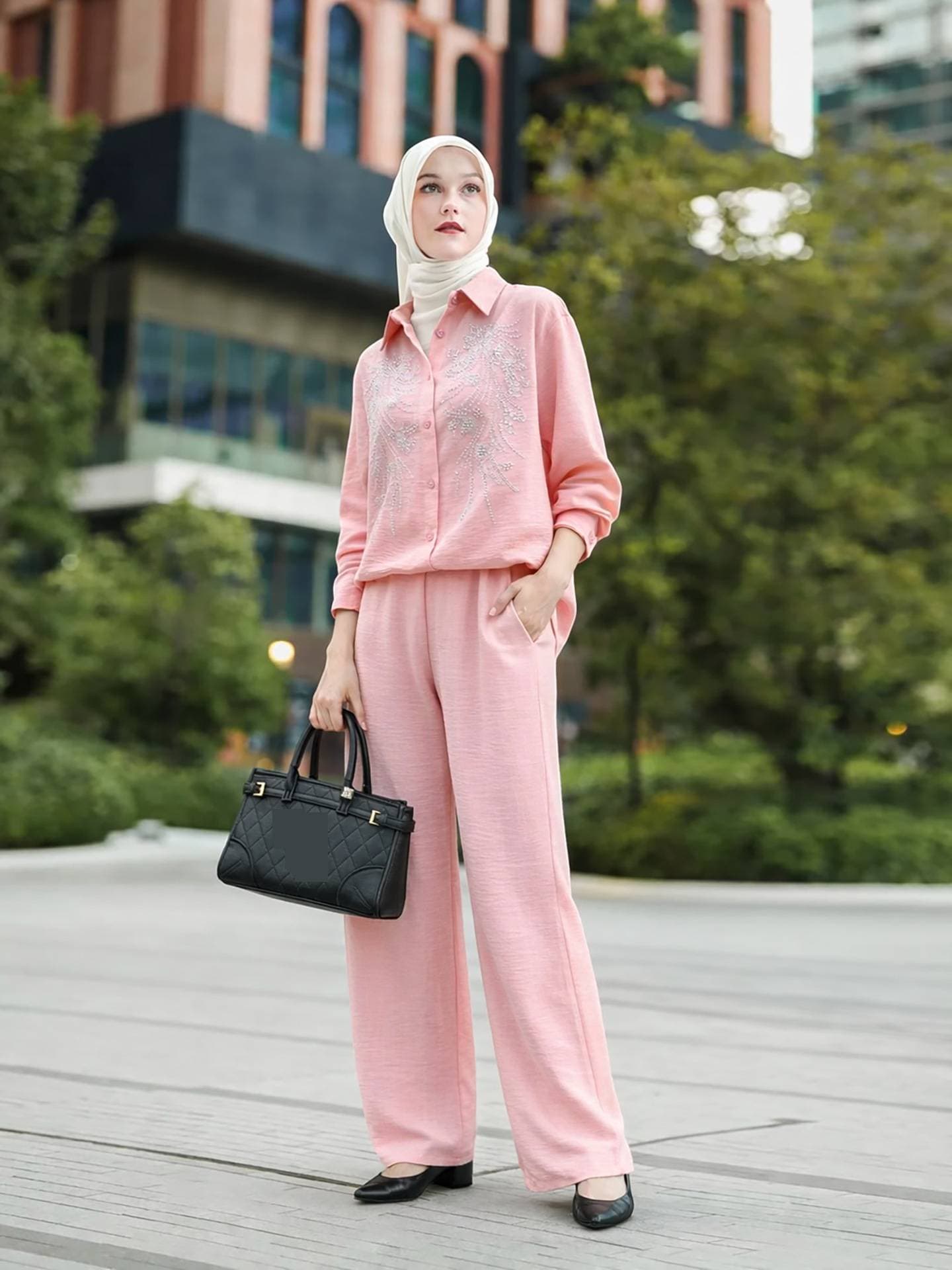 Women's Embellished Wide-Leg Pants Set - Southeast Asian Inspired Luxury Outfit