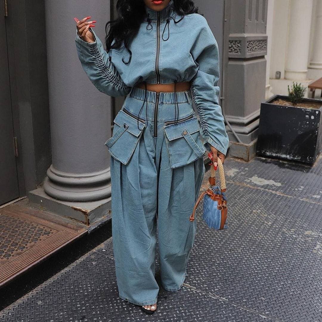 Women's Clothing Fashion Loose Casual Short Jacket Wide Leg Trousers Denim Suit Women's Two Piece Suit