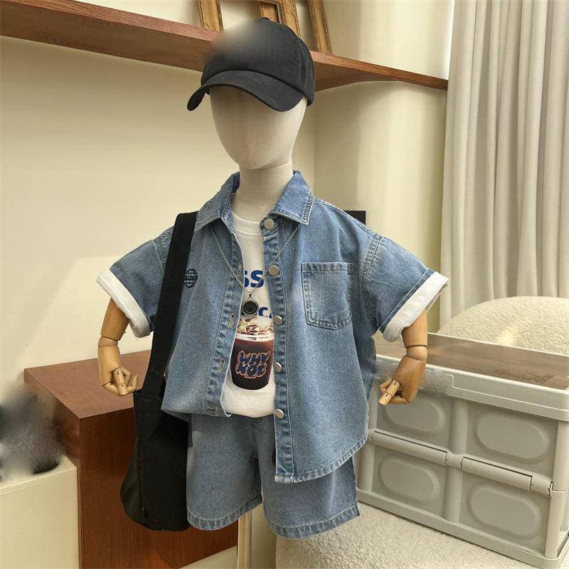 Kids Clothing Small And Medium Sized Handsome Street Blasting Denim Shirts And Shorts Two Piece Suits