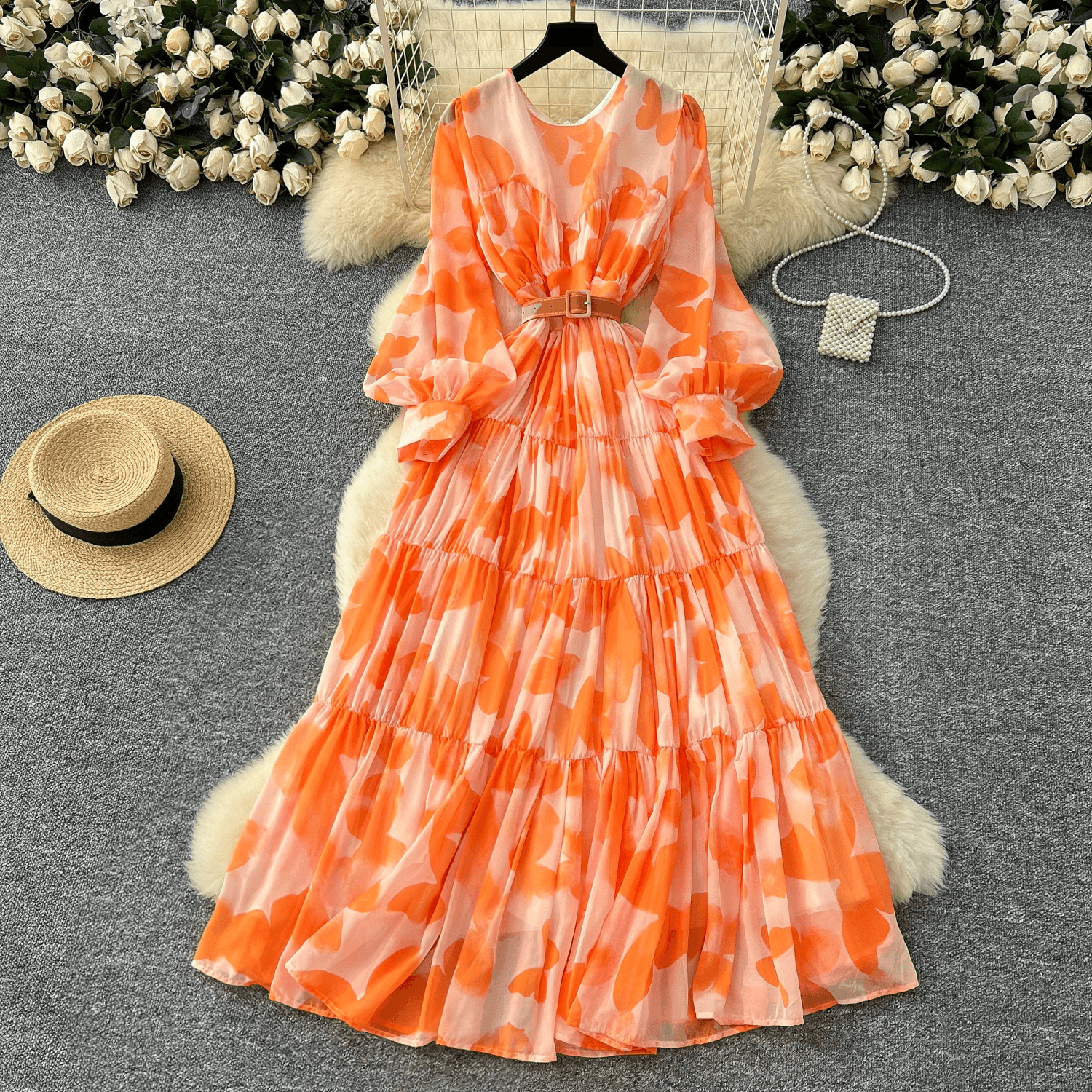 French Style Dress For Women 2025 Summer With Waist-hugging Round Neck, Lantern Sleeves, Printed Long Skirt