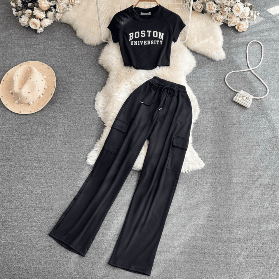 Women's Clothing Fashion Suit Hot Girl, Navel Baring Letter Printed T Shirt, Two Piece Suit, Casual High Waisted Slimming Workwear, Wide Leg Trousers