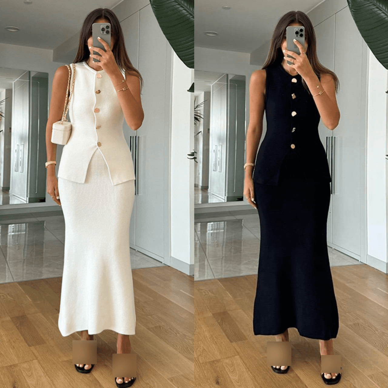 Women's Clothing Summer Fashion Slim Vest Solid Color Slim Hip Two Piece Knitted Long Skirt Suit