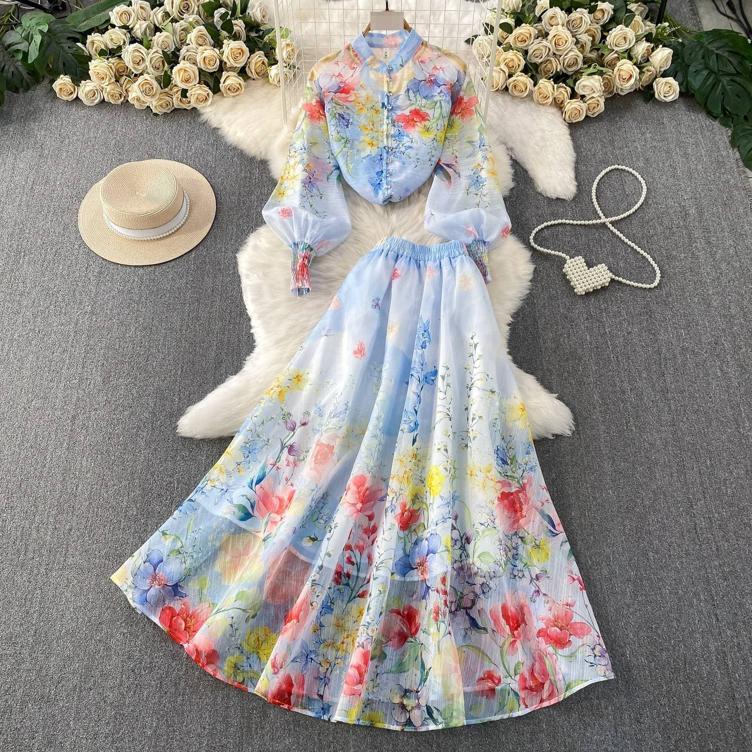 Vacation Gentle Style Romantic Print Stand Up Collar Lantern Sleeve Breasted Shirt Versatile Casual High Waisted Skirt Two-piece Set