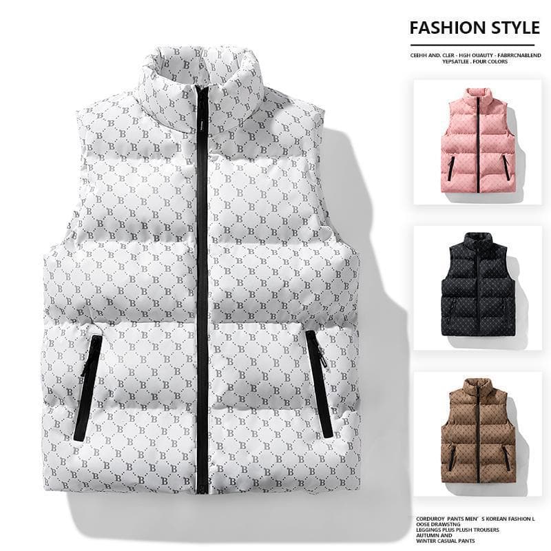 Gilet matelassé sans manches pour homme avec poches zippées, veste matelassée chaude pour l'hiver, coupe ajustée, col montant, mélange de coton (noir/blanc/rose)