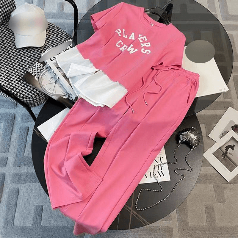 Fashion Sports Casual Suit For Women Summer Waist Short Sleeve Wide Leg Pants Two Piece Suit