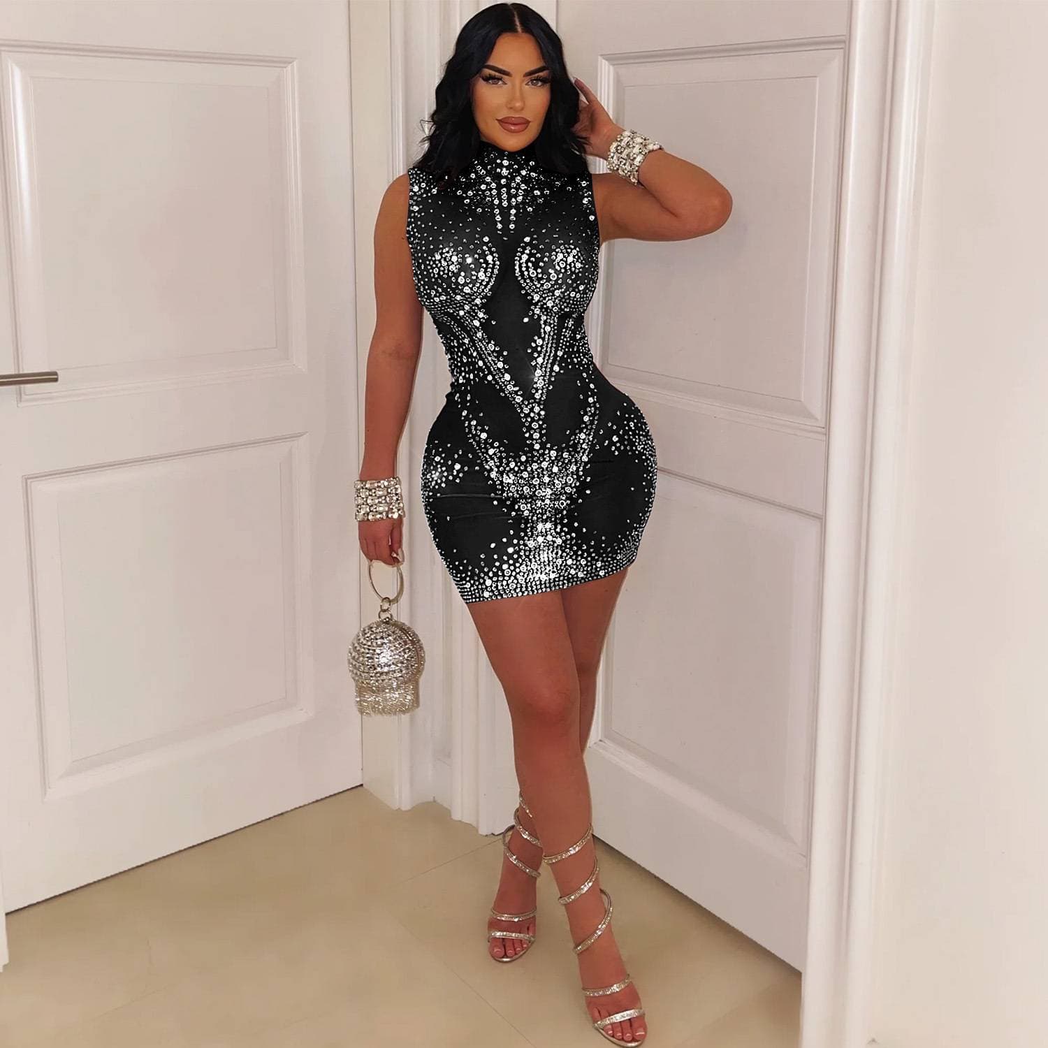 Women's Clothing Sexy Mesh Hot Diamond Sleeveless Dress Short Skirt Hip Skirt