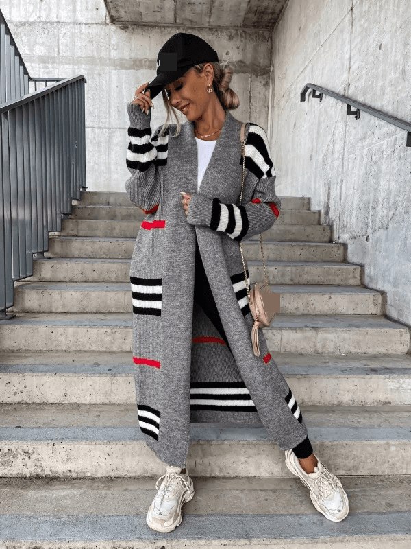Women's Long Cardigan Striped Knit Cardigan Sweater