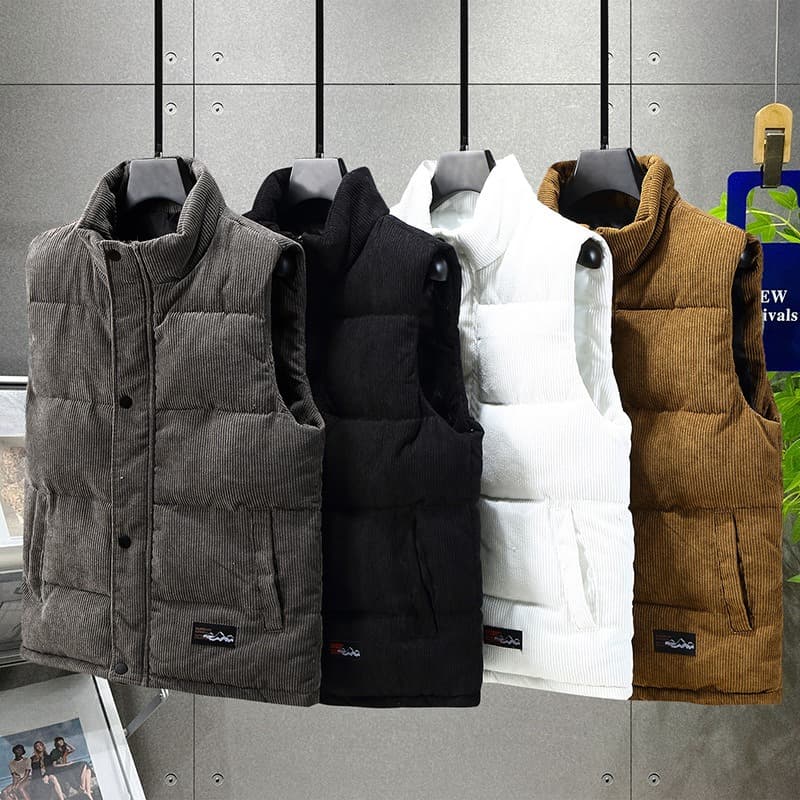 Trendy Corduroy Puffer Vest For Men – Slim-Fit Zip-Up Hooded Design(S-5XL) – Winter Streetwear Essential In Black/Grey/Yellow/White​