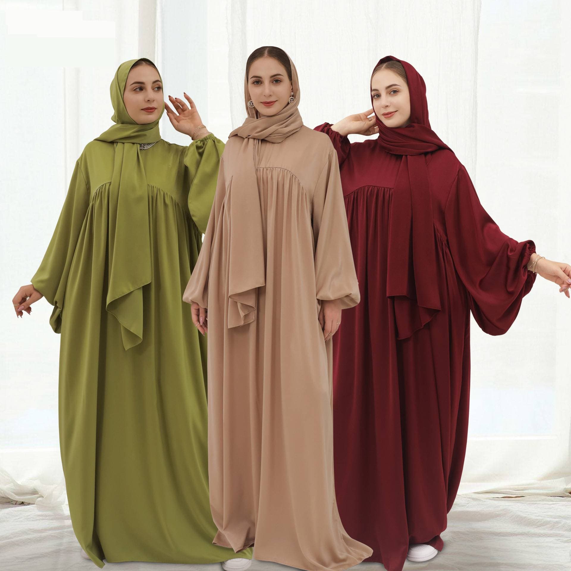 Women's Clothing Modest Abaya Dress Flowy Maxi Dress With Scarf – Elegant Batwing Sleeves, Comfortable Polyester Fabric, Versatile Colors For Casual