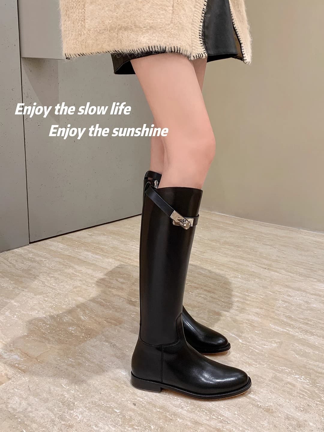 Chaussures Instant Su Yinyin du même style avec bouche diagonale en cuir véritable K * Lock boucle fermeture éclair latérale talon épais haut