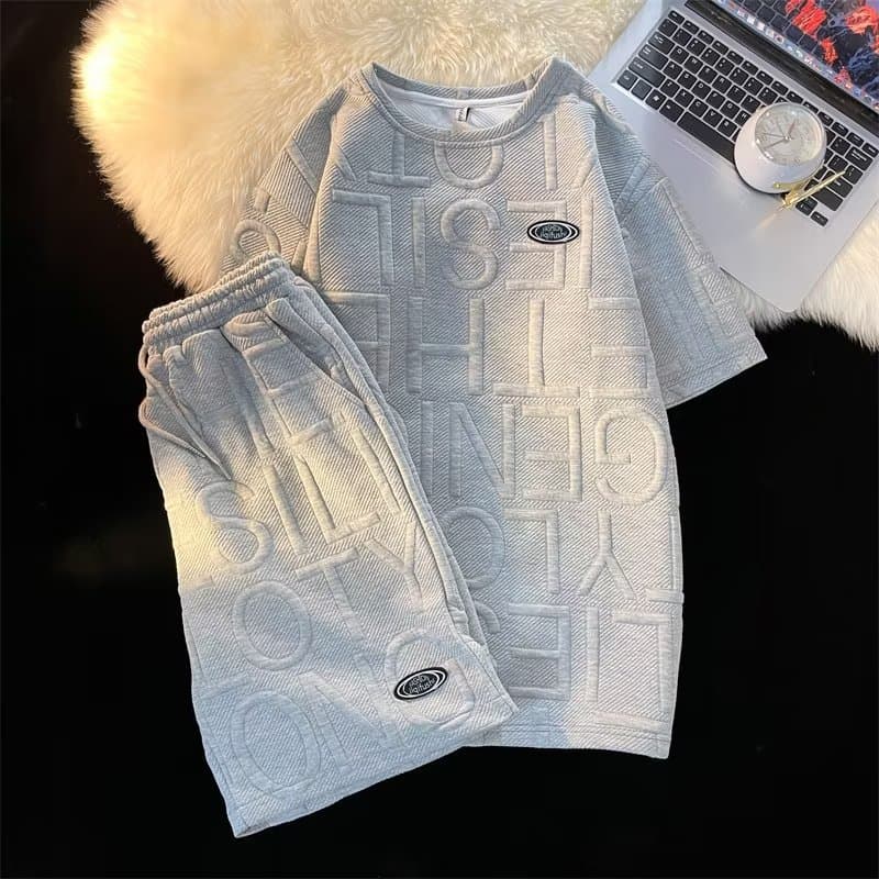 Men's clothing Casual sports suit, men's and women's waffle college style short sleeved t-shirt, loose letter shorts, summer two-piece