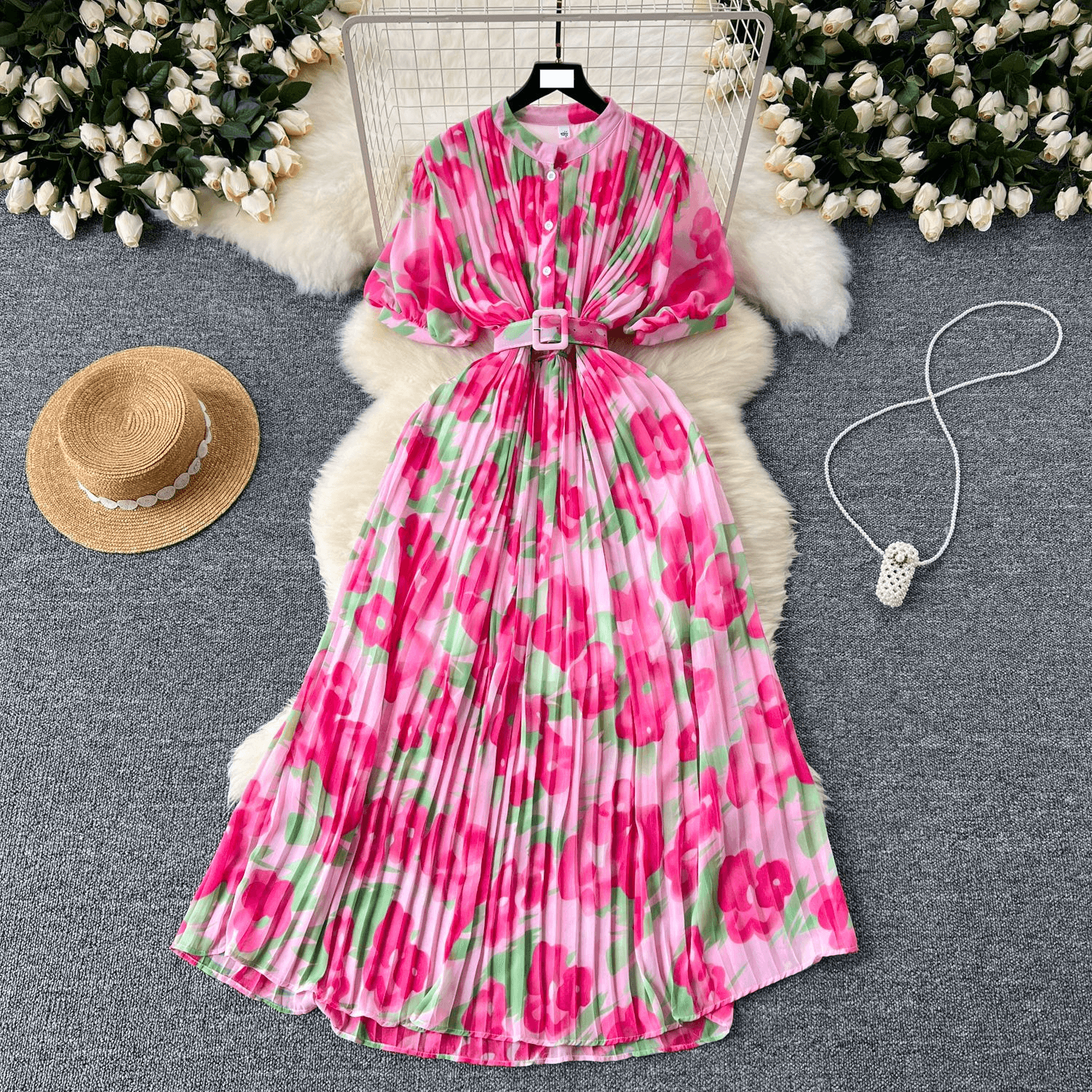 Women's clothing French high-end round neck puff sleeves single-breasted waist printed dress for women, slim and elegant pleated chiffon skirt
