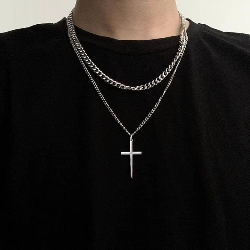 Double cross necklace male fashion cool temperament fashion European and American personality Cuba simple cold wind handsome everything