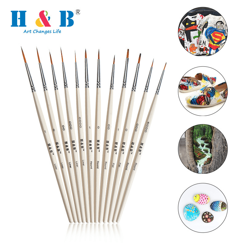 H&B 12-Piece Nylon Hair Brush Set For Watercolor, Acrylic & Oil Painting - Fine Tip Detail & Outlining Brushes With Wooden Handle