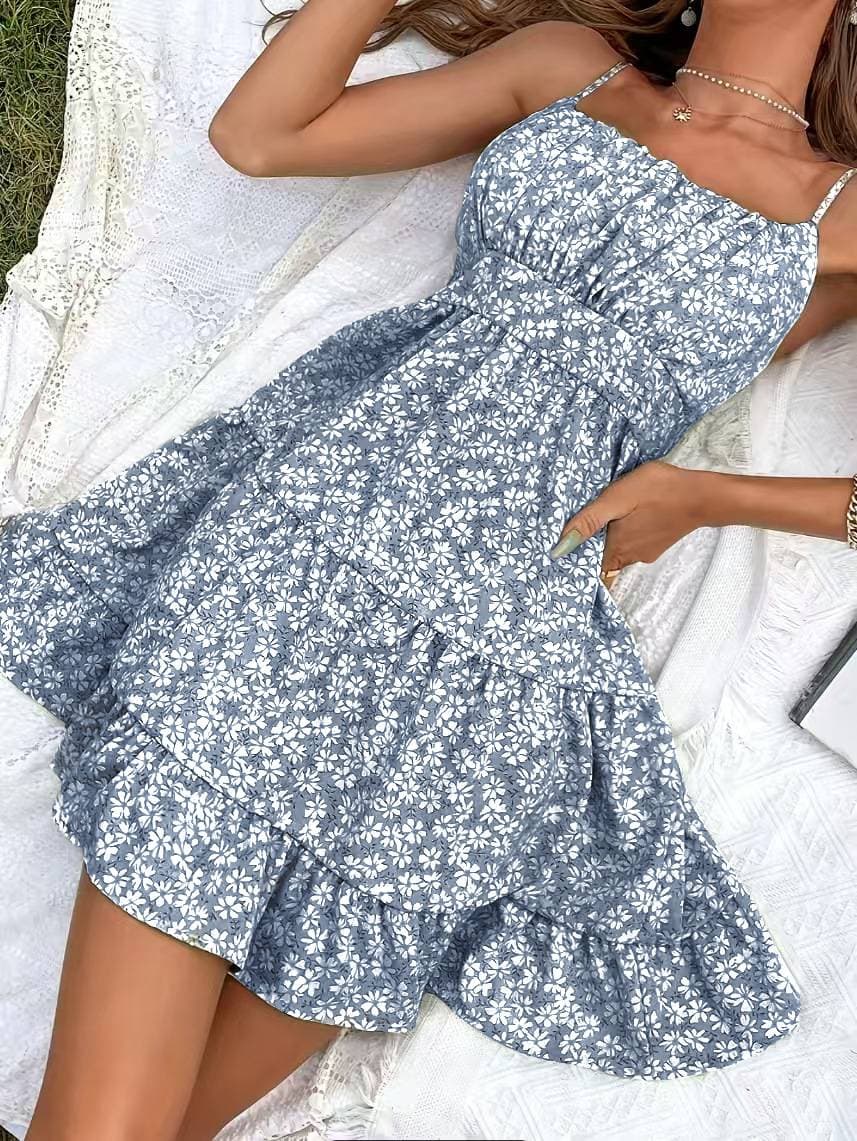 French Style Floral Print Dress - Chiffon Tiered Hem Sundress For Beach Vacation & Summer Wear​
