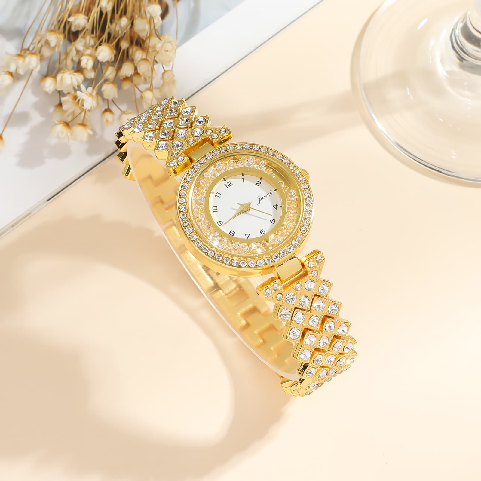 5pcs/set High grade diamond digital face steel band quartz watch bracelet set