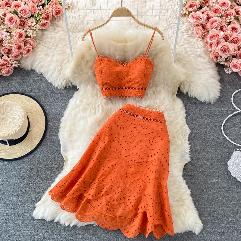 Women's Backless Short Tube Top Camisole Top Two-piece Suit 1 Waist Ruffle Skirt