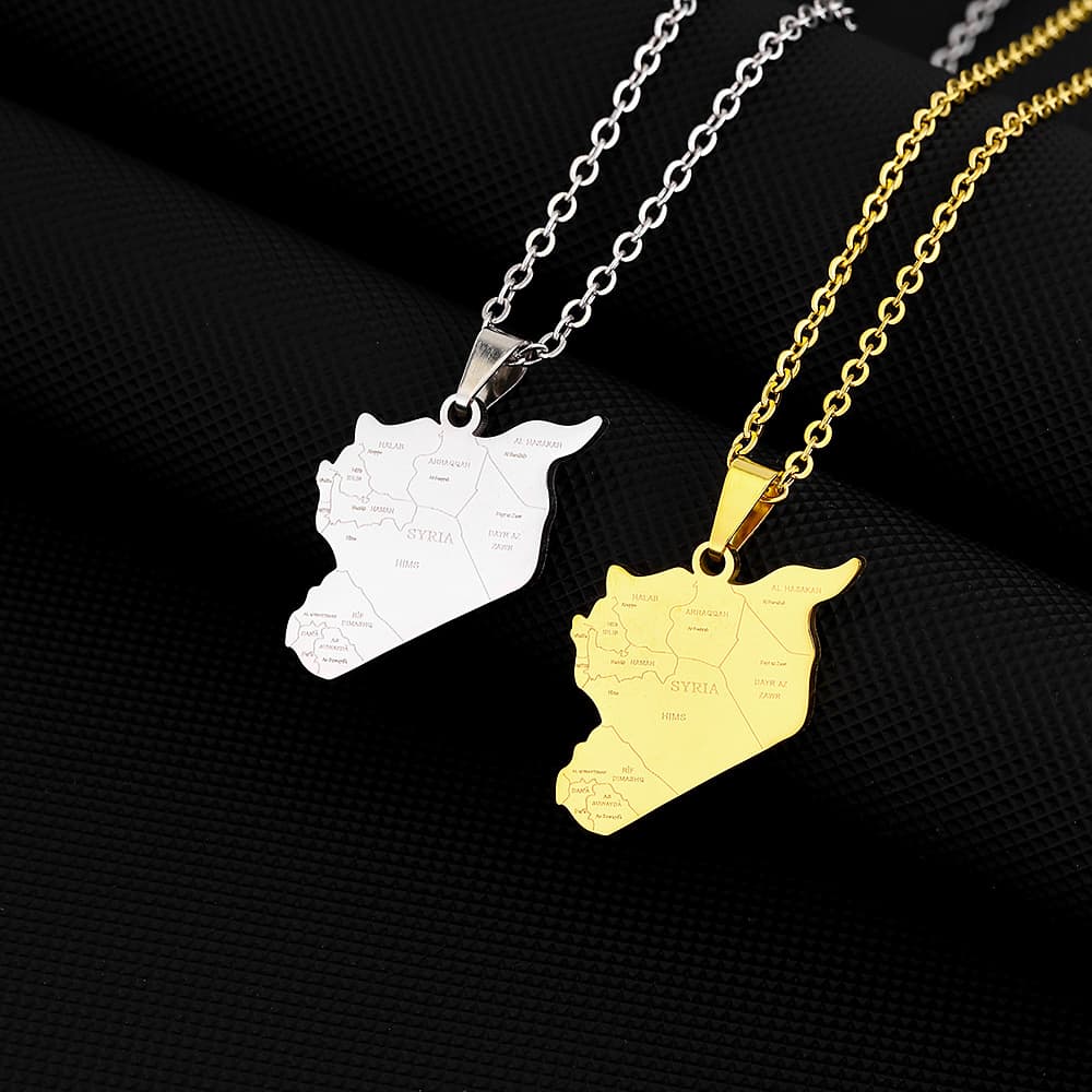 Retro Syria Map And City Pendant Necklace Men And Women Couple Ethnic Style Titanium Steel Necklace Accessories