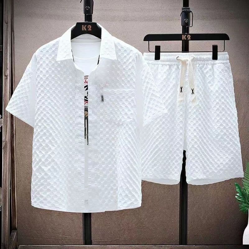 Men's Clothing [BreezeCool] Men's Waffle Knit Set - Short Sleeve Shirt & Shorts | Summer Activewear