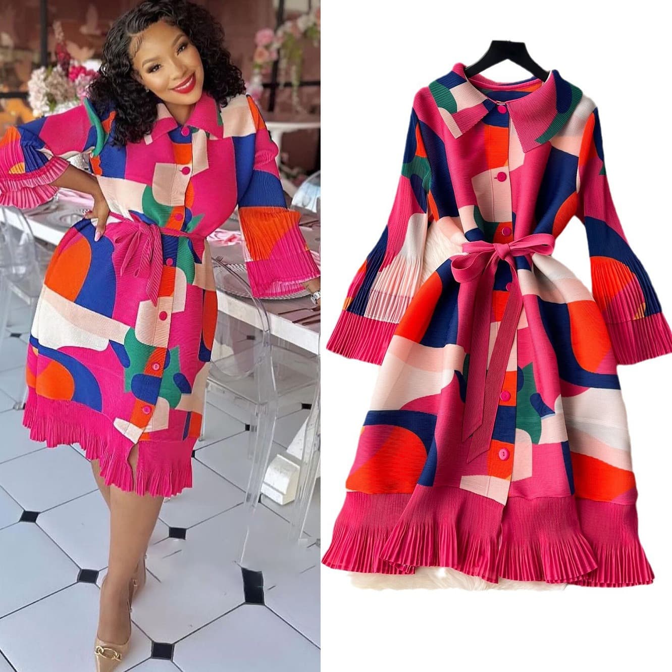 Elegant French Retro Floral Print Dress With Ruffles, Belted Waist & Flowy A-Line Silhouette For Women​