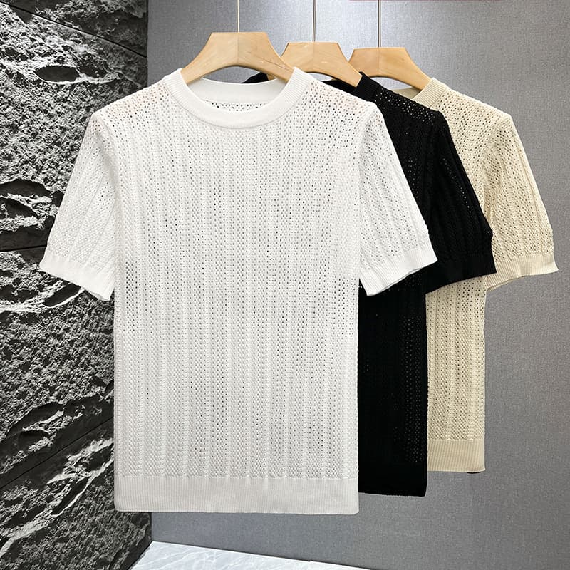 Men's Clothing Summer New Short Sleeved Sweater For Men Hollow Ice Silk Breathable Texture Slim Fit Business Casual