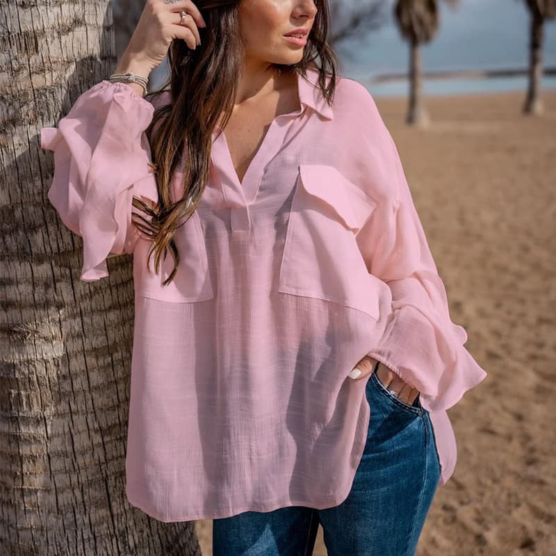 Women's Clothing Summer Fashion Casual Long Sleeved Solid Color Cotton And Linen Temperament Women's Shirt