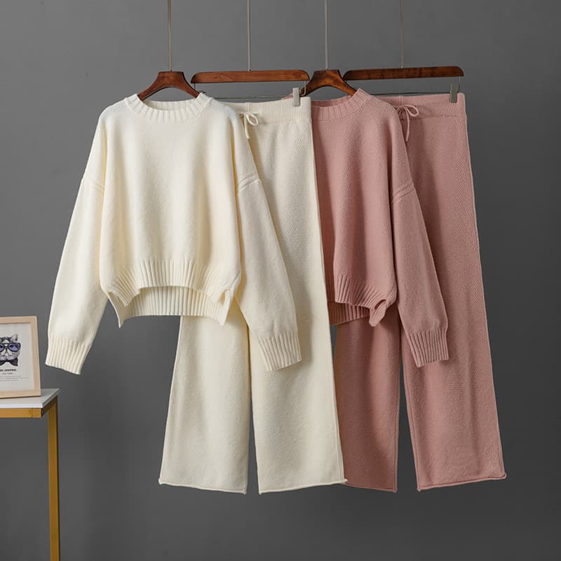 Women's Clothing ​​Vintage Chic Women's Knit Sweater & Side-Slit Wide-Leg Pants Set – Cozy Autumn Two-Piece Outfit​​