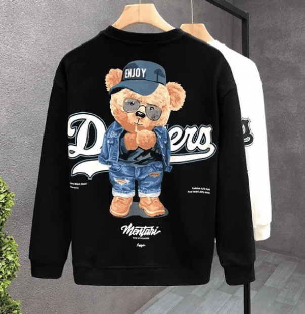 Men's 2024 New Heavyweight American Retro Round Neck Sweatshirt Spring And Autumn Bottoming Bear Pattern Loose And Versatile Casual Top