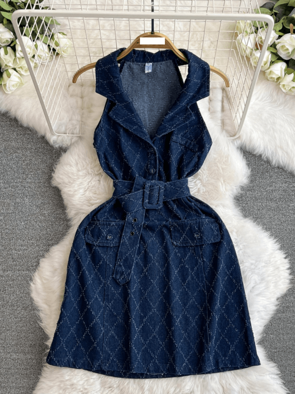 Women's Clothing spring and autumn styles this year's popular denim skirts retro suit collar diamond pattern mechanism waist slimming dress for women