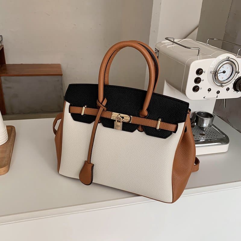 Sac Birkin transfrontalier de grande capacité, sac à main de mode rétro pour femme, commerce extérieur, nouveau grain de litchi, couleur contrast