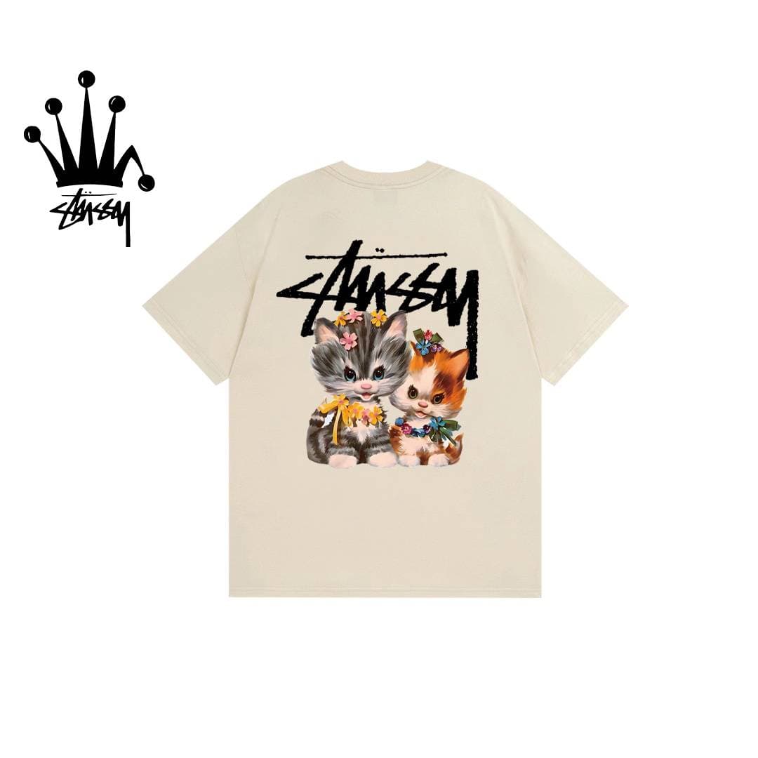 Stussy Cat Print Pattern Pure Cotton Short Sleeved T-shirt