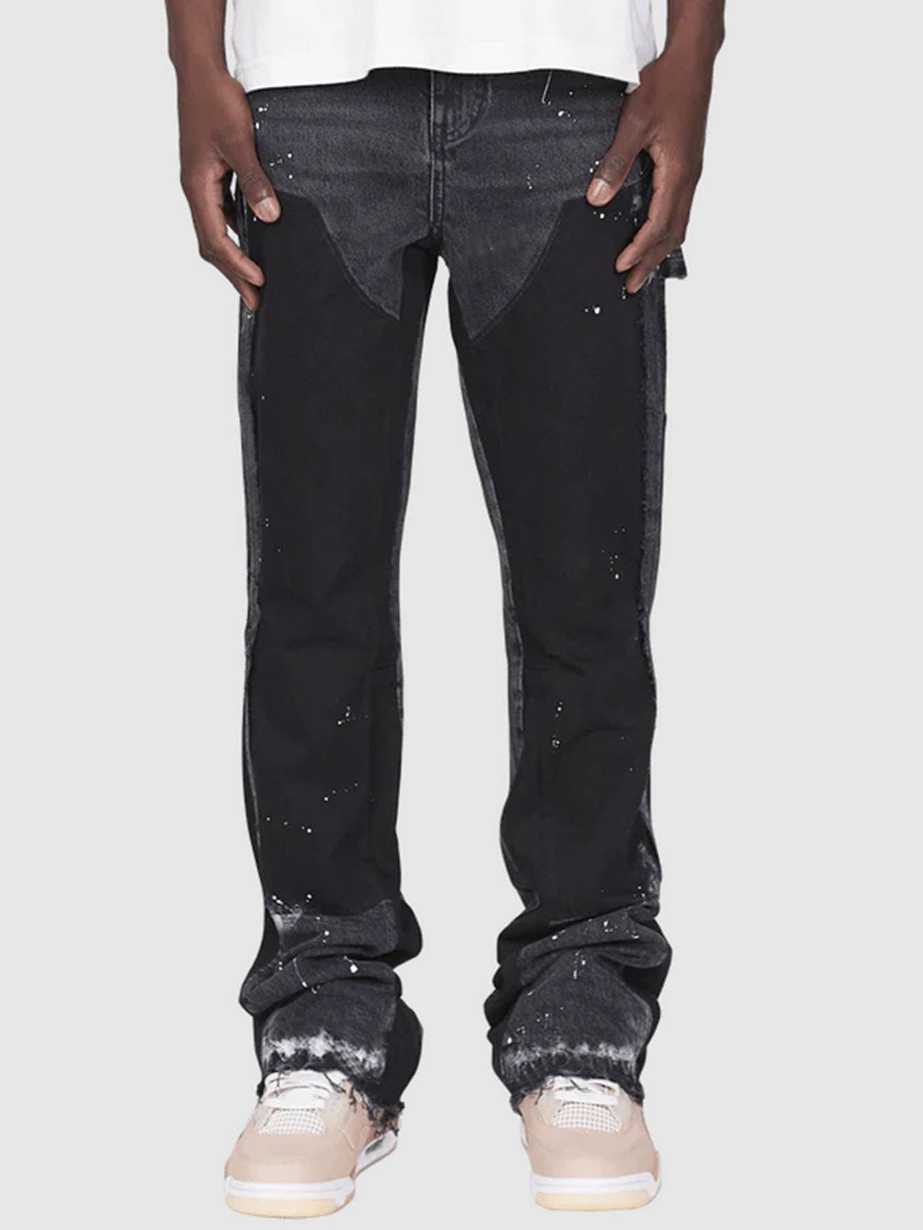 Men's Clothing Men's Denim Workwear Pants, European And American Fashion Ins Workwear, Popular Elastic Patch Denim Layered Flared Pants