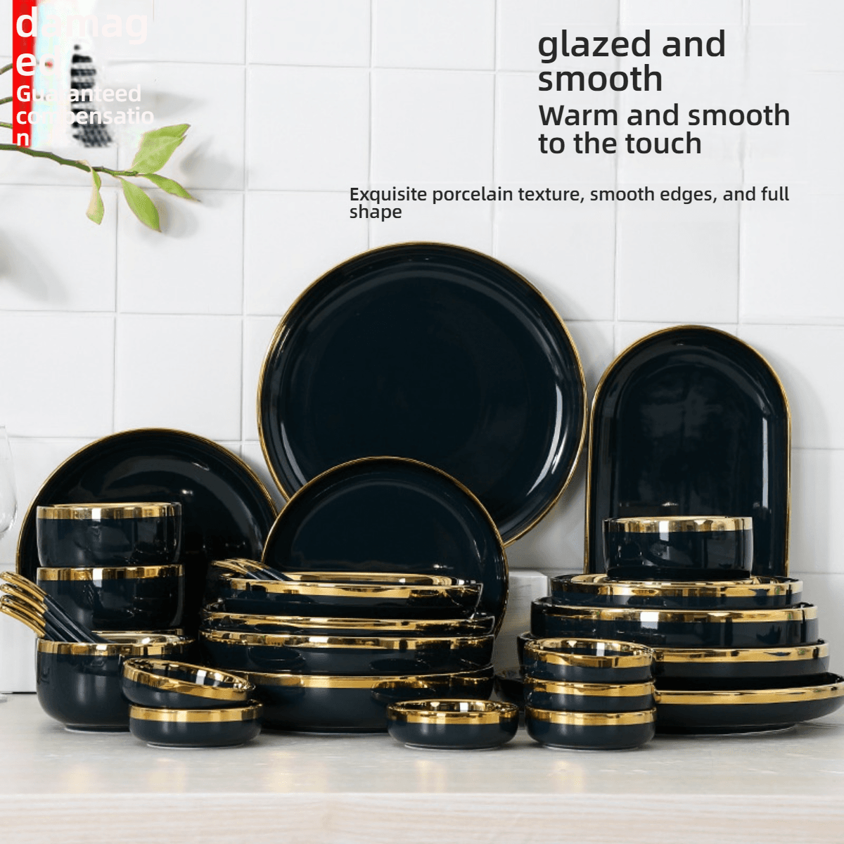 Elegant Gold Trim Ceramic Dinnerware Set - Premium Porcelain Bowls & Plates With Chopsticks, Stylish Tableware Gift Box For Home & Restaurant​​
